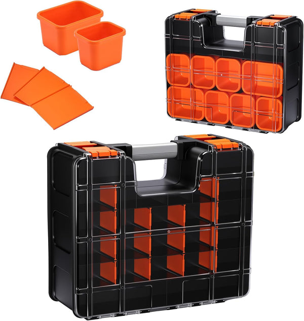 Mikiotto A double-sided organizer combines movable trays and adjustable compartments for hardware