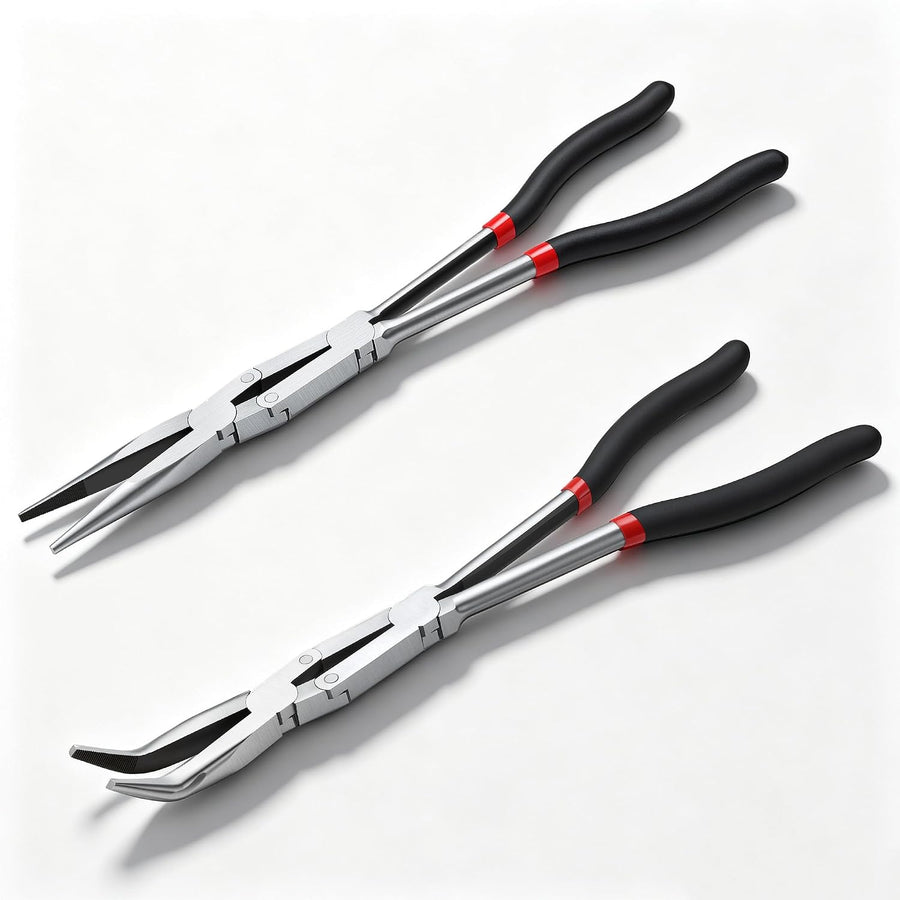 Mikiotto 2-Piece long-reach plier set pairs a 13-inch straight needle-nose profile with a 13-inch