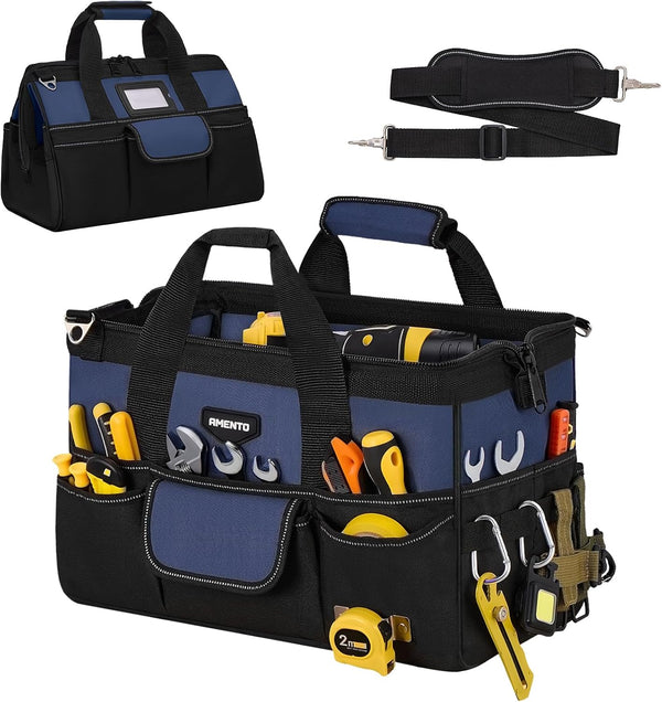 Mikiotto 16-Inch blue tool bag provides a wide main compartment and 22 pockets for organizing