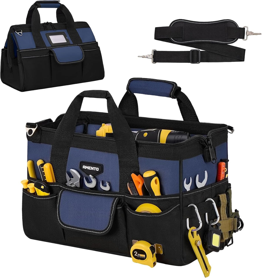 Mikiotto 16-Inch blue tool bag provides a wide main compartment and 22 pockets for organizing