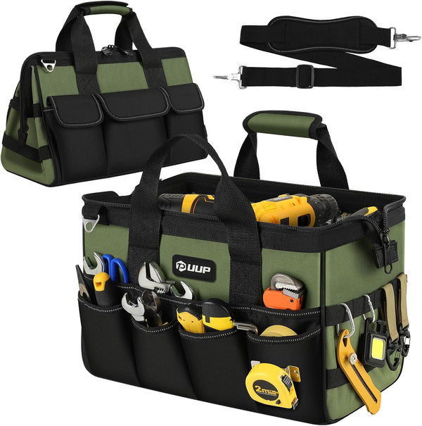 Mikiotto A roomy green tool bag provides organized storage for hammers, screwdrivers, wrenches