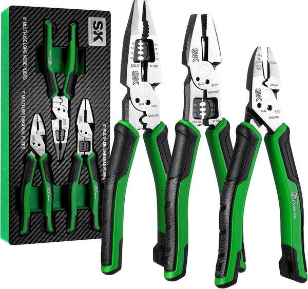 Mikiotto Three multi-use pliers combine an 8-inch long-nose design, a 7-inch diagonal-cutter