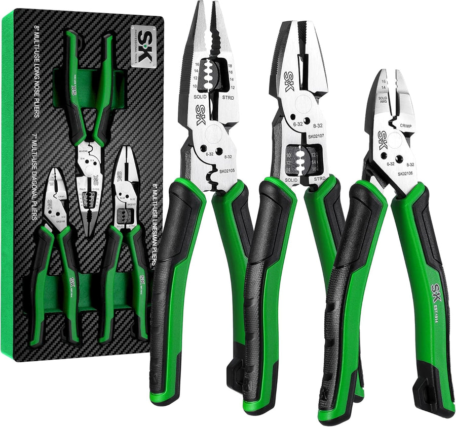 Mikiotto Three multi-use pliers combine an 8-inch long-nose design, a 7-inch diagonal-cutter