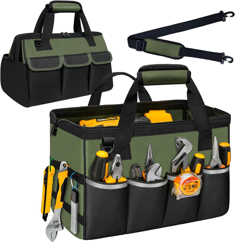 Mikiotto A reinforced army-green and black tool bag offers a wide-mouth opening, 14 pockets, and a